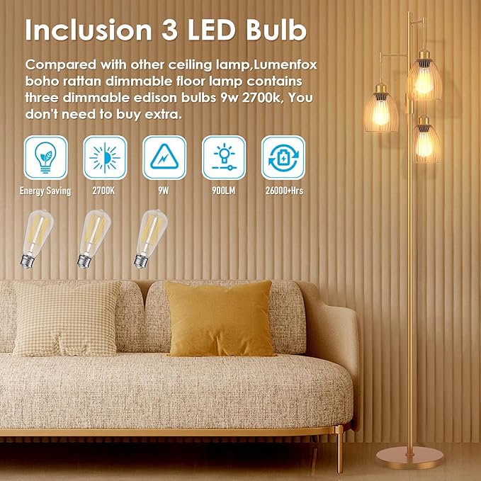 Gold Floor Lamp, Dimmable Industrial Floor Lamp Farmhouse Floor Lamps for Living Room with Cages 70'' Tall Lamp Modern Floor Lamp Standing Lamp for Bedroom Office Living Room 3 LED Bulbs Included - LeafyLoom