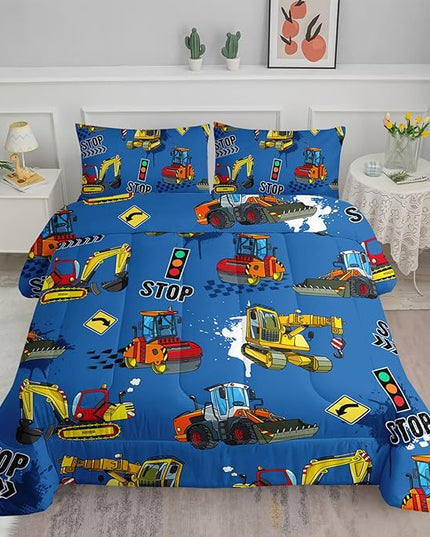 Axolotl Bedding Set, Twin, Blue Excavator, 3Pcs Boys Comforter, Polyester, All Seasons, Machine Wash, Bedding Set for Kids Children Teens Bedroom Decor - LeafyLoom