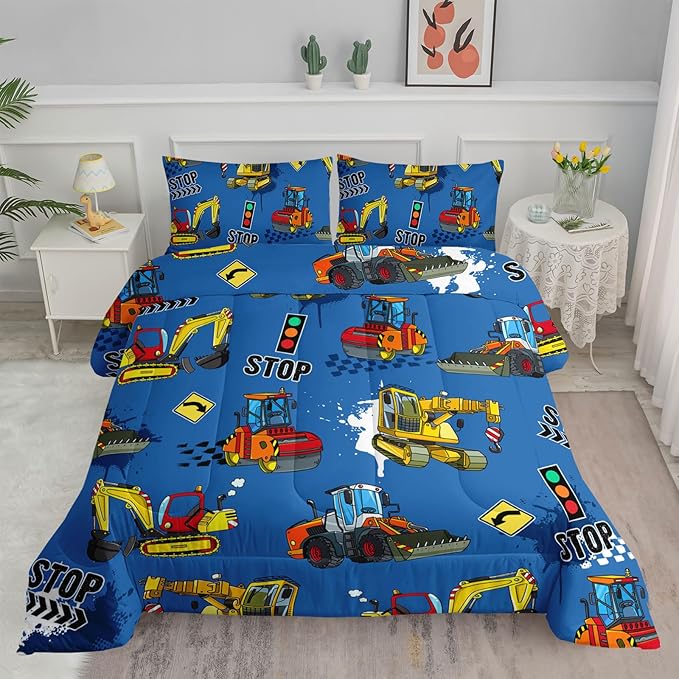 Axolotl Bedding Set, Twin, Blue Excavator, 3Pcs Boys Comforter, Polyester, All Seasons, Machine Wash, Bedding Set for Kids Children Teens Bedroom Decor - LeafyLoom