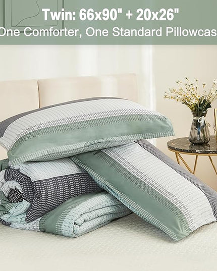 Litanika Twin/Twin XL Comforter Set Sage Green - 2 Pieces Teen Girls Boys Kids Comforter Lightweight Striped Bedding Comforter Sets (1 Comforter, 1 Pillowcase) - LeafyLoom
