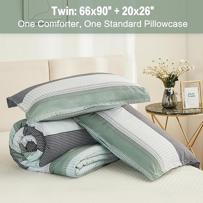 Litanika Twin/Twin XL Comforter Set Sage Green - 2 Pieces Teen Girls Boys Kids Comforter Lightweight Striped Bedding Comforter Sets (1 Comforter, 1 Pillowcase) - LeafyLoom