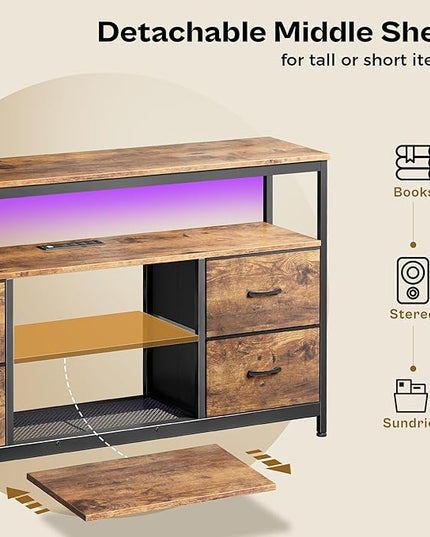 TV Stand Dresser with Power Outlets and LED Lights, 4 Drawers Entertainment Center with Shelves, 54 Inch Media Console for 55 60 Inch TV, 4 AC Outlets, 2 USBs, Rustic Brown - LeafyLoom