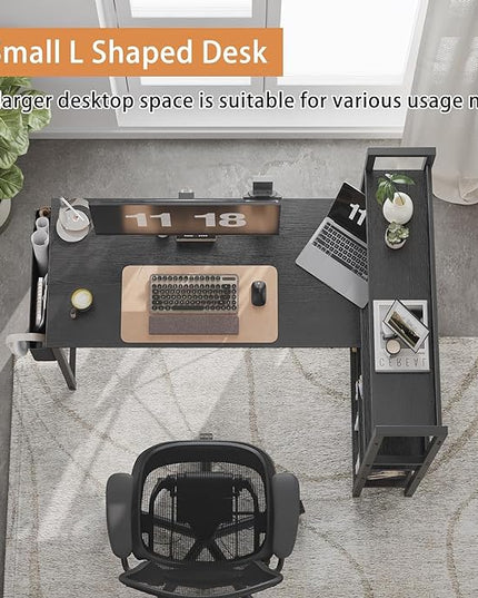 Treesland 47 Inch Computer Desk with Bookshelf, Corner Desk with Storage, L Shaped Desk, Home Office Desks, Writing Study Desk for Bedroom, Black - LeafyLoom