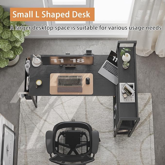 Treesland 47 Inch Computer Desk with Bookshelf, Corner Desk with Storage, L Shaped Desk, Home Office Desks, Writing Study Desk for Bedroom, Black - LeafyLoom