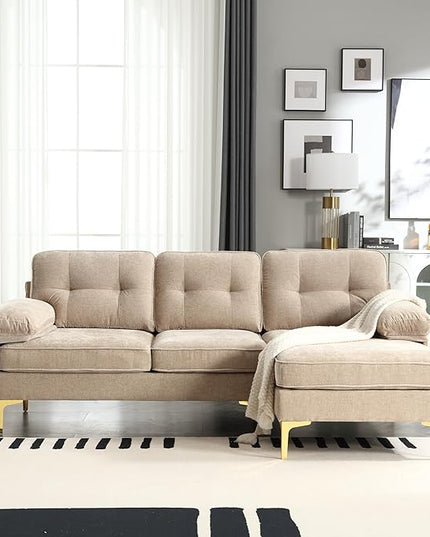 L Shaped Convertible Sleeper Sectional Sofa with Reversible Chaise, 3 Seater Corner Couch Bed with Detachable Pillow Armrest and Golden Metal Legs for Living Room Apartment Small Space - LeafyLoom