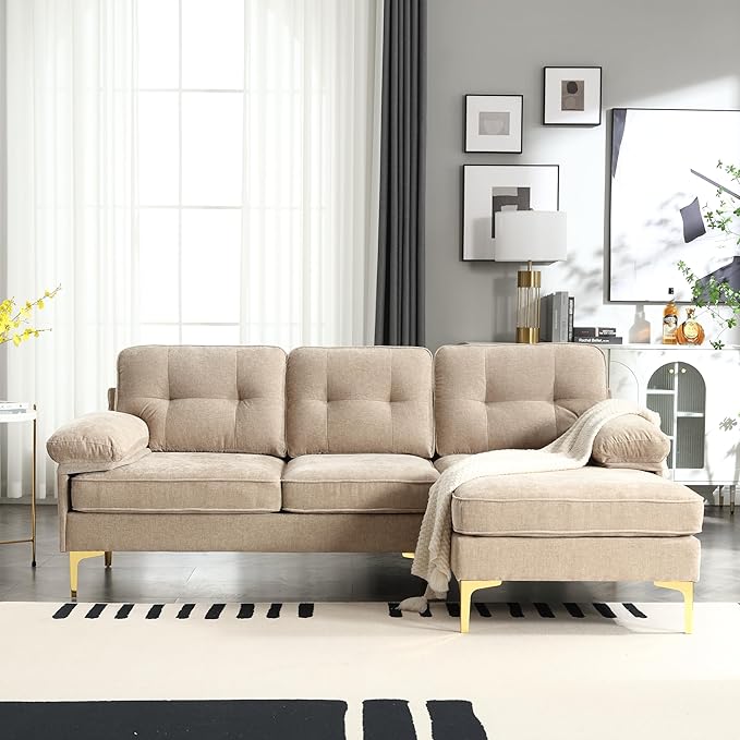 L Shaped Convertible Sleeper Sectional Sofa with Reversible Chaise, 3 Seater Corner Couch Bed with Detachable Pillow Armrest and Golden Metal Legs for Living Room Apartment Small Space - LeafyLoom