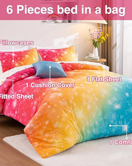 A Nice Night Gradient Glitter 6Pcs Bed in A Bag Bedding Set for Girls Full Size, Colorful Rainbow Galaxy Comforter Set, Ultra Soft Bedding Sets, YellowBlue - LeafyLoom