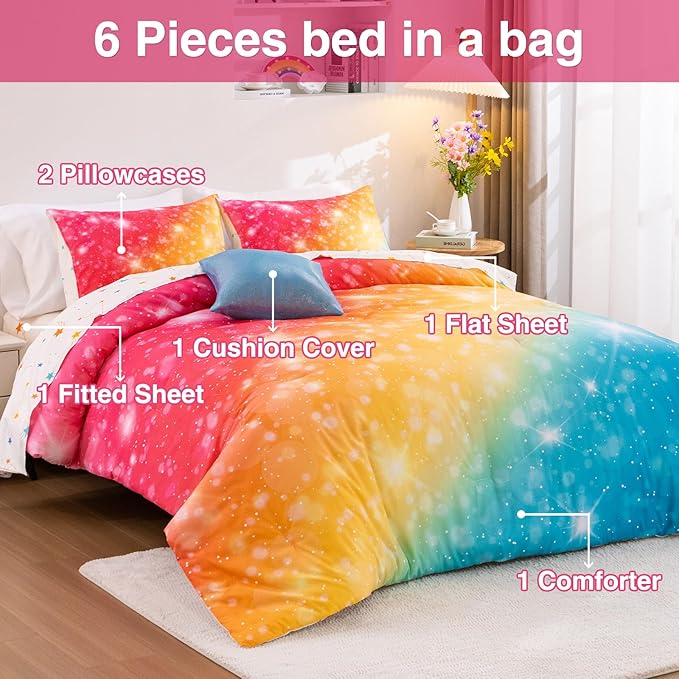 A Nice Night Gradient Glitter 6Pcs Bed in A Bag Bedding Set for Girls Full Size, Colorful Rainbow Galaxy Comforter Set, Ultra Soft Bedding Sets, YellowBlue - LeafyLoom