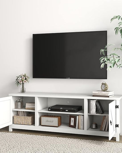 Panana Modern Farmhouse TV Stand, Entertainment Center for 70 inch TV with 2 Doors and Open Shelves for Living Room, Bedroom (White, 65 inch) - LeafyLoom
