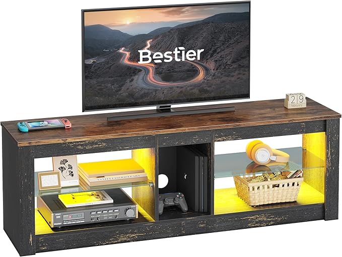 Bestier RGB TV Stand for 65+ Gaming Entertainment Center Gaming LED TV Media Console Table with 2 Glass Shelf PS Gaming TV Cabinet for Living Room, Golden Black - LeafyLoom