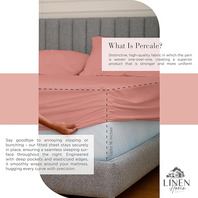 100% Cotton Percale Sheets Twin XL Size, Rose Clay, Deep Pocket, 4 Pieces Sheet Set - 1 Flat, 1 Deep Pocket Fitted Sheet and 2 Pillowcases, Crisp Cool and Strong Bed Linen - LeafyLoom