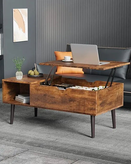 Sweetcrispy Coffee Table Brown, Lift Top Coffee Tables for Living Room, Small Rising Wooden Dining Center Tables with Storage Shelf and Hidden Compartment - LeafyLoom