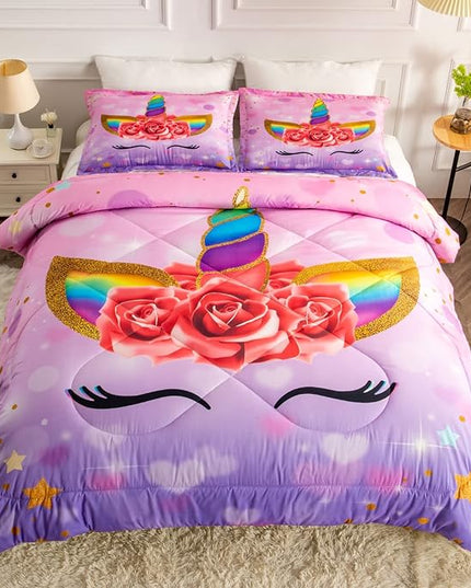 Unicorn Twin Bedding Sets for Girls Kids Comforter Set Twin Size with 2 Pillowcases Purple Unicorn Room Decor for Girls Bedroom Ultra Soft Machine Washable Toddler Bed Set - LeafyLoom