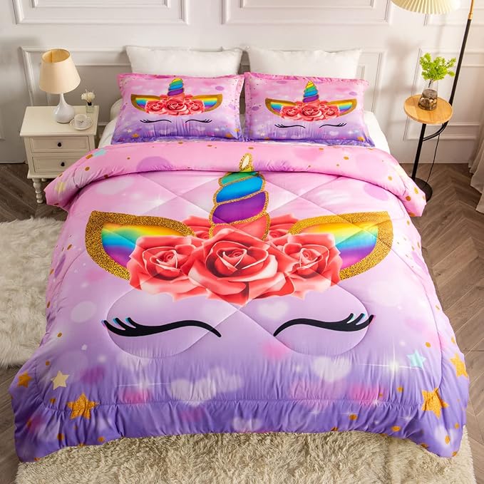 Unicorn Twin Bedding Sets for Girls Kids Comforter Set Twin Size with 2 Pillowcases Purple Unicorn Room Decor for Girls Bedroom Ultra Soft Machine Washable Toddler Bed Set - LeafyLoom
