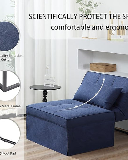 Sofa Bed, 4 in 1 Multi-Function Folding Ottoman Breathable Linen Couch Bed with Adjustable Backrest Modern Convertible Chair for Living Room Apartment Office,Blue - LeafyLoom