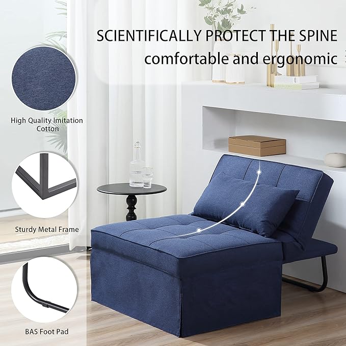 Sofa Bed, 4 in 1 Multi-Function Folding Ottoman Breathable Linen Couch Bed with Adjustable Backrest Modern Convertible Chair for Living Room Apartment Office,Blue - LeafyLoom