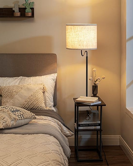 EDISHINE Floor Lamp with Table, Bedside End Table with Lamp, Reading Shelf Floor Lamp with Linen Shade, Narrow Nightstand with Shelves for Living Room, Bedroom, Office, Den, 60" - LeafyLoom