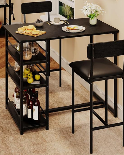 GAOMON Dining Table Set for 2, Kitchen Table and Chairs for 2 with Upholstered Chairs, 3 Piece Counter Height Bar Kitchen Table Set with 3 Storage Shelves for Small Space, Apartment, Rustic Black - LeafyLoom