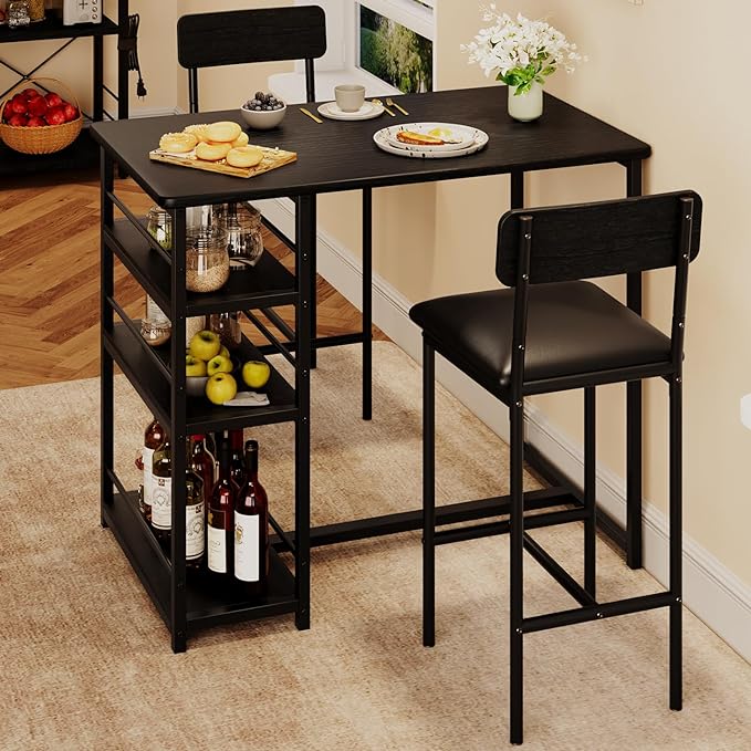 GAOMON Dining Table Set for 2, Kitchen Table and Chairs for 2 with Upholstered Chairs, 3 Piece Counter Height Bar Kitchen Table Set with 3 Storage Shelves for Small Space, Apartment, Rustic Black - LeafyLoom