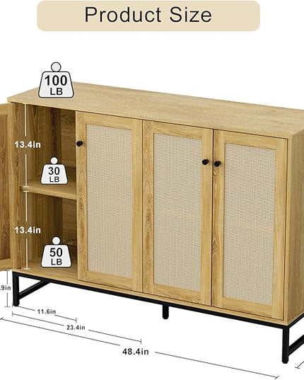 Storage Cabinet, Large Capacity Four-Door Rattan Sideboard with Adjustable Partitions, Metal Cabinet Legs, Modern Elegant Design Accent Cabinet Suitable for Home Office Bar Cafe (Natural Wood) - LeafyLoom