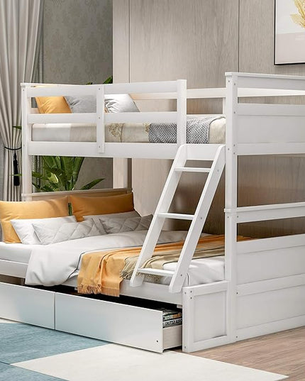 Bunk Bed Frame, Twin Over Full Bunk Bed with Safety Guardrail, Staircase and 2 Underbed Storage Drawers, Ideal Bed Frame for Kids Teens Girls Boys, Space Saving Bedroom Furniture, White - LeafyLoom