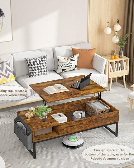 Aheaplus Lift Top Coffee Table with Storage, Wood Lifting Top Central Table Metal Frame, 43.3" Lift Tabletop Tea Table with Side Pouch, Cocktail Table Modern Pop up Adjustable Table for Living Room - LeafyLoom