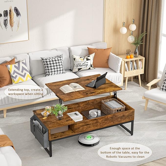 Aheaplus Lift Top Coffee Table with Storage, Wood Lifting Top Central Table Metal Frame, 43.3" Lift Tabletop Tea Table with Side Pouch, Cocktail Table Modern Pop up Adjustable Table for Living Room - LeafyLoom