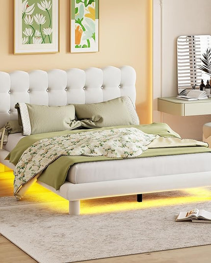 RITSU Queen Size Velvet Fabric Platform Bed, Solid Wood Bedframe with LED, Button Tufted Headboard, includes 16 Colors Lights Can Remote Control, No Box Spring Needed, Beige - LeafyLoom