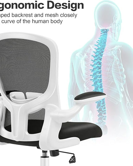 FelixKing Office Desk Chairs, Ergonomic PC Desk Chair with Wheels, Adjustable Lumbar Support and Height, Swivel Computer Chair with Flip-up Armrests, Ergo Mesh Backrest for Working (White) - LeafyLoom