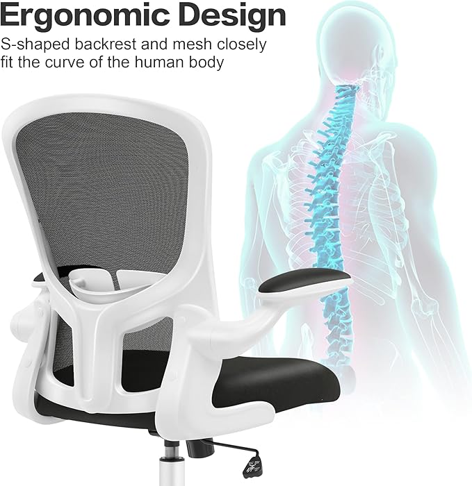 FelixKing Office Desk Chairs, Ergonomic PC Desk Chair with Wheels, Adjustable Lumbar Support and Height, Swivel Computer Chair with Flip-up Armrests, Ergo Mesh Backrest for Working (White) - LeafyLoom
