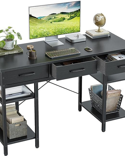 CubiCubi 47 Inch Computer Desk with 3 Drawers and Storage Shelves, Small Home Office Desk, Study Writing Table, Simple Desk for Bedroom, Black - LeafyLoom