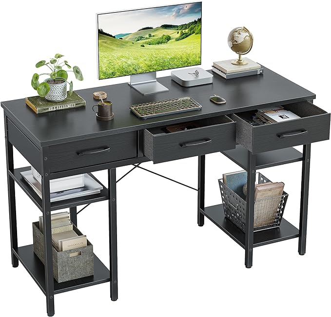 CubiCubi 47 Inch Computer Desk with 3 Drawers and Storage Shelves, Small Home Office Desk, Study Writing Table, Simple Desk for Bedroom, Black - LeafyLoom