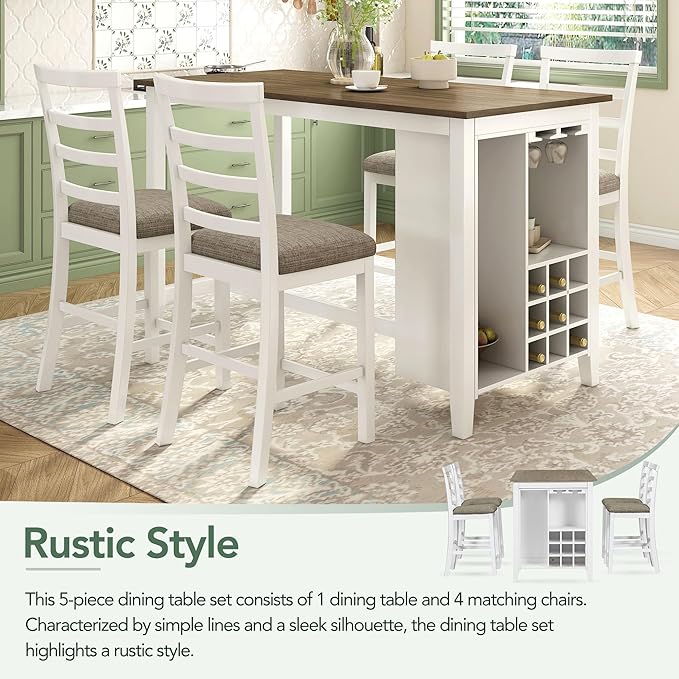 5 Piece Industrial Dinette Sets Wooden Kitchen Dining Table and 4 Matching Upholstered Chairs, for Diningroom Living Room, Easy to Assemble, Brown + White Wash - LeafyLoom