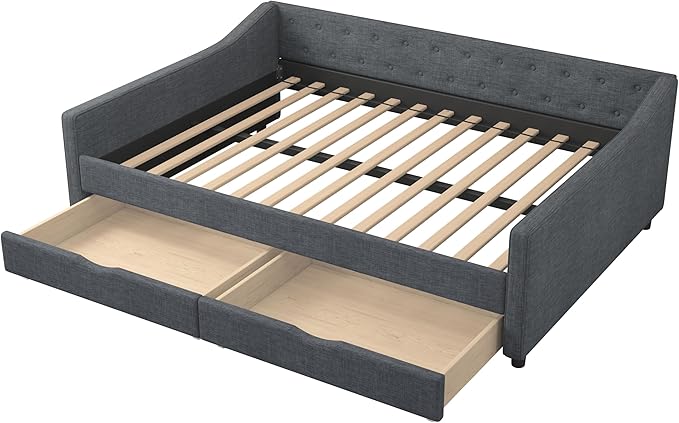 Full Size Daybed with Drawers, Linen Upholstered Tufted Sofa Bed Frame with Button on Back, Waved Shape Arms, Wooden Slats Support, Space-Saving, for Apartment, Bedroom, Dark Grey - LeafyLoom
