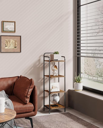 Bookcase Bookshelf, Narrow Book Shelf, Industrial Coner Shelf Storage Organizer, Slim Shelving Unit for Home Office, Living Room, Bedroom, Kitchen, 4-Tier Rustic Brown BC24401B - LeafyLoom