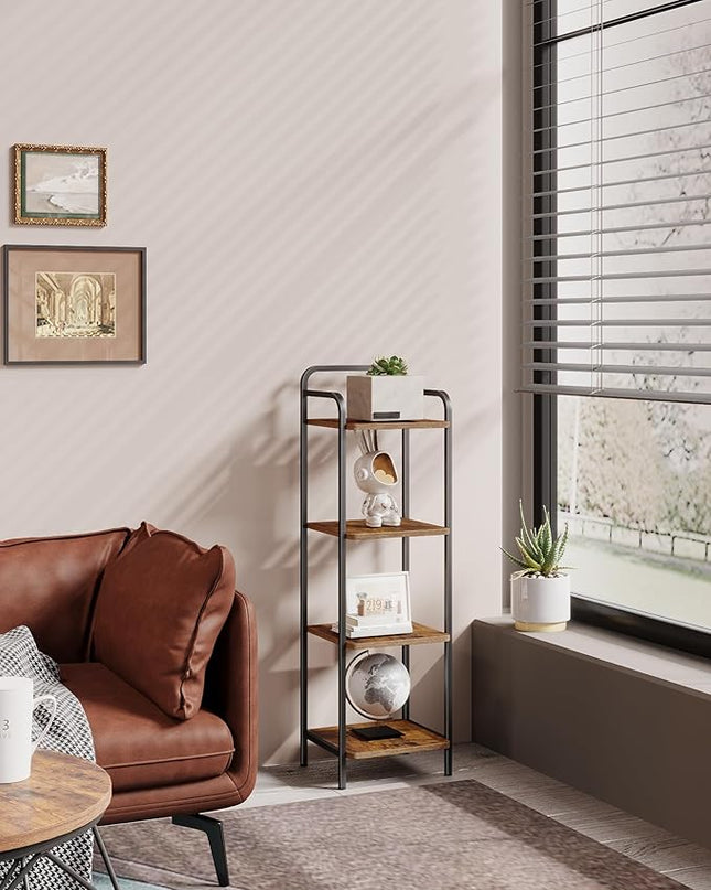 Bookcase Bookshelf, Narrow Book Shelf, Industrial Coner Shelf Storage Organizer, Slim Shelving Unit for Home Office, Living Room, Bedroom, Kitchen, 4-Tier Rustic Brown BC24401B - LeafyLoom