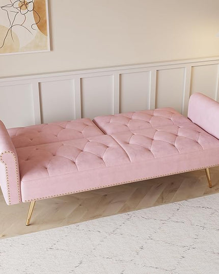 Button Tufted Upholstered Convertible Folding Sleeper Sofa Bed Futon Loveseat Couch Recliner Daybed with Adjustable and Nailhead Trim for Living Room, Bedroom, Pink 69.7" - LeafyLoom