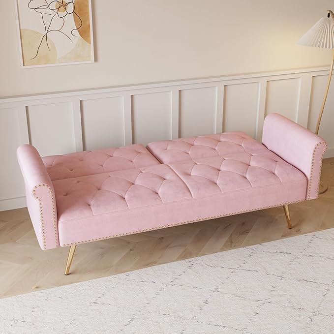 Button Tufted Upholstered Convertible Folding Sleeper Sofa Bed Futon Loveseat Couch Recliner Daybed with Adjustable and Nailhead Trim for Living Room, Bedroom, Pink 69.7" - LeafyLoom