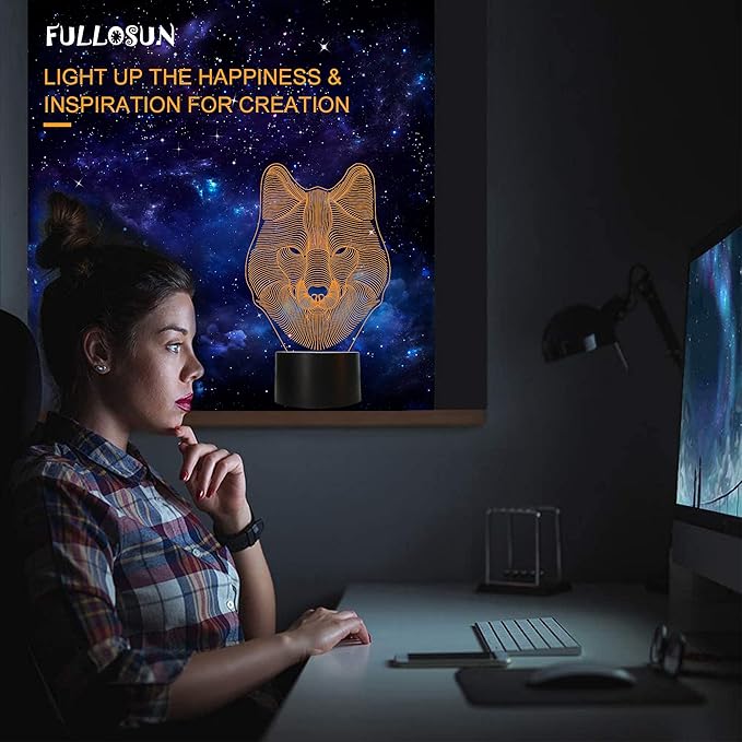 FULLOSUN 3D Wolf Night Light, Optical Illusion Lamp for Home Decor & Co-Sleeping,Remote Controller with 16 Color Changing Birthday Gifts for Kids, Boys & Men - LeafyLoom