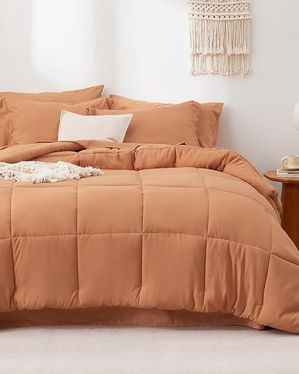 Bedsure Burnt Orange Queen Size Comforter Set - 7 Pieces Solid Queen Bed in a Bag, Queen Bed Set Burnt Orange with Quilted Warm Fluffy Comforters, Sheets, Pillowcases & Shams - LeafyLoom