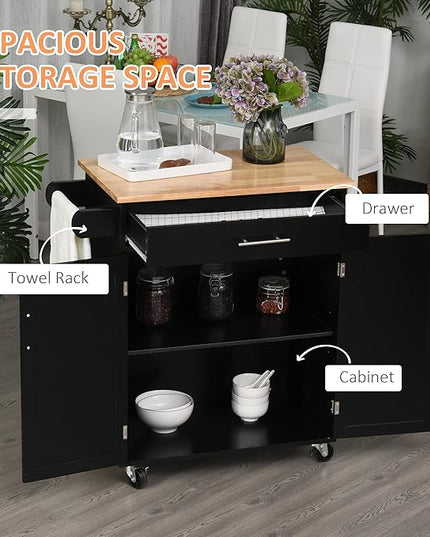 HOMCOM Kitchen Island Cart Rolling Trolley Cart with Drawer, Storage Cabinet & Towel Rack, Black - LeafyLoom