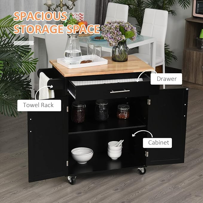 HOMCOM Kitchen Island Cart Rolling Trolley Cart with Drawer, Storage Cabinet & Towel Rack, Black - LeafyLoom