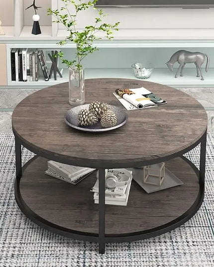 NSdirect Round Coffee Table,36" Coffee Table for Living Room,2-Tier Rustic Wood Desktop with Storage Shelf Modern Design Home Furniture(Light Walnut) - LeafyLoom