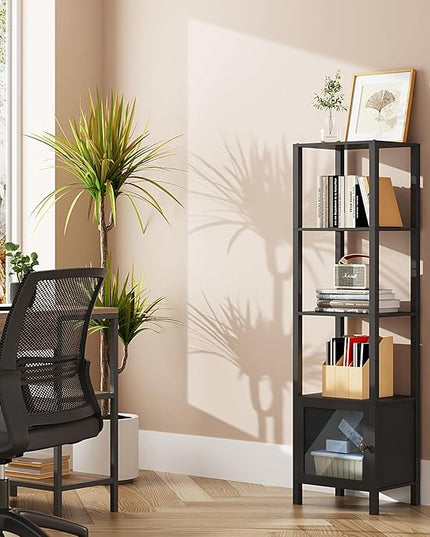 TUTOTAK 5 Tier Bookcase and Bookshelf, Narrow Book shelf with Door for Small Space, for Living Room, Office, Study, Entryway, Black BS03BK005 - LeafyLoom