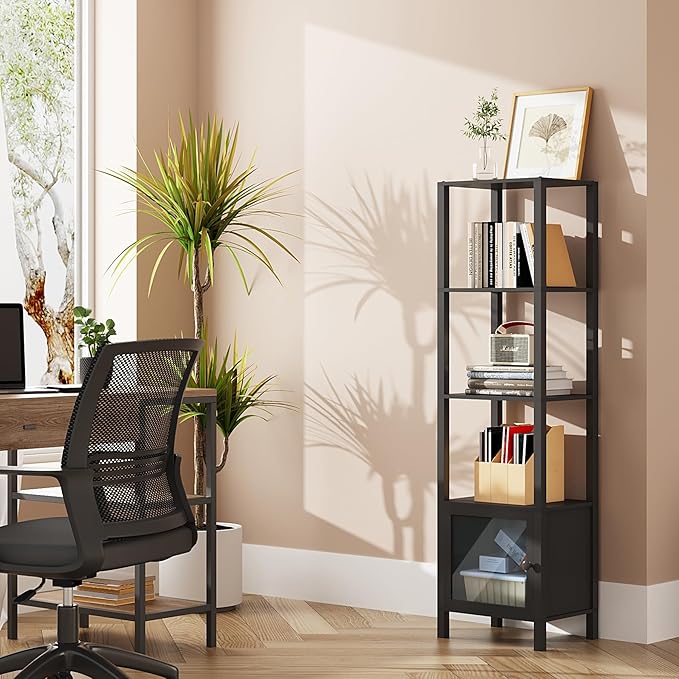 TUTOTAK 5 Tier Bookcase and Bookshelf, Narrow Book shelf with Door for Small Space, for Living Room, Office, Study, Entryway, Black BS03BK005 - LeafyLoom