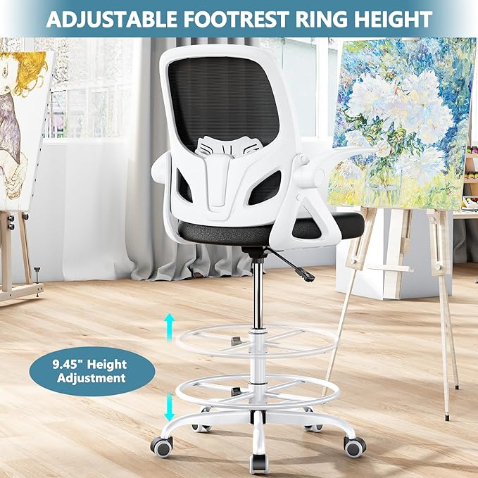 Drafting Chair Tall Office Chair for Standing Desk Adjustable Tall Desk Chair with Footrest Ring and Lumbar Support Ergonomic Computer Chair with Flip-up Armrests (White) - LeafyLoom
