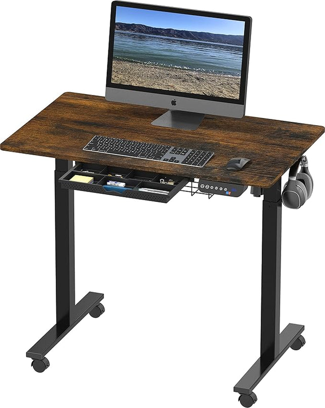 SHW Small Electric Height Adjustable Mobile Sit Stand Desk with Drawer, Hanging Hooks and Cable Management, 40 x 24 Inches, Rustic Brown - LeafyLoom