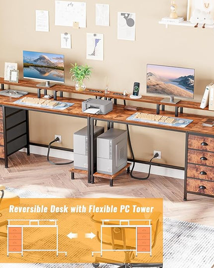 Furologee 55in Computer Desk with 4 Drawers, LED Gaming Desk with Power Outlets, Office Desk with Full Monitor Stand and Storage Shelf, Study Work Desk for Home Office Bedroom, Rustic Brown - LeafyLoom