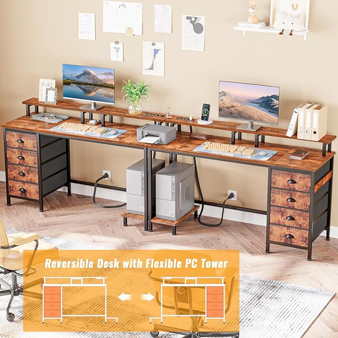Furologee 55in Computer Desk with 4 Drawers, LED Gaming Desk with Power Outlets, Office Desk with Full Monitor Stand and Storage Shelf, Study Work Desk for Home Office Bedroom, Rustic Brown - LeafyLoom