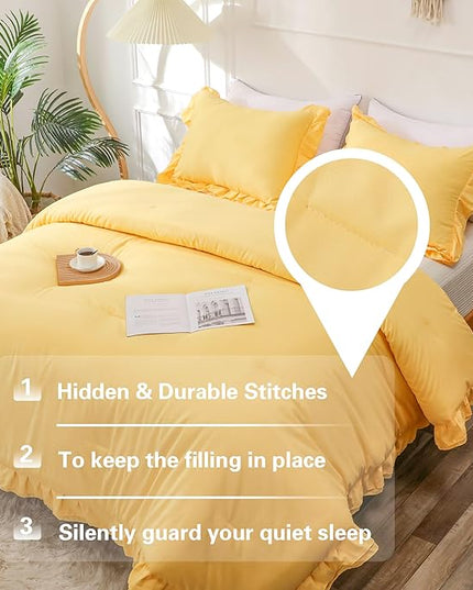 Yellow Double Ruffle Comforter Set Twin Size (66x90 Inch), 2 Pcs Farmhouse Vintage Comforter Set (1 Ruffled Comforter and 1 Pillowcase), Rustic All Season Down Alternative Bedding Set - LeafyLoom